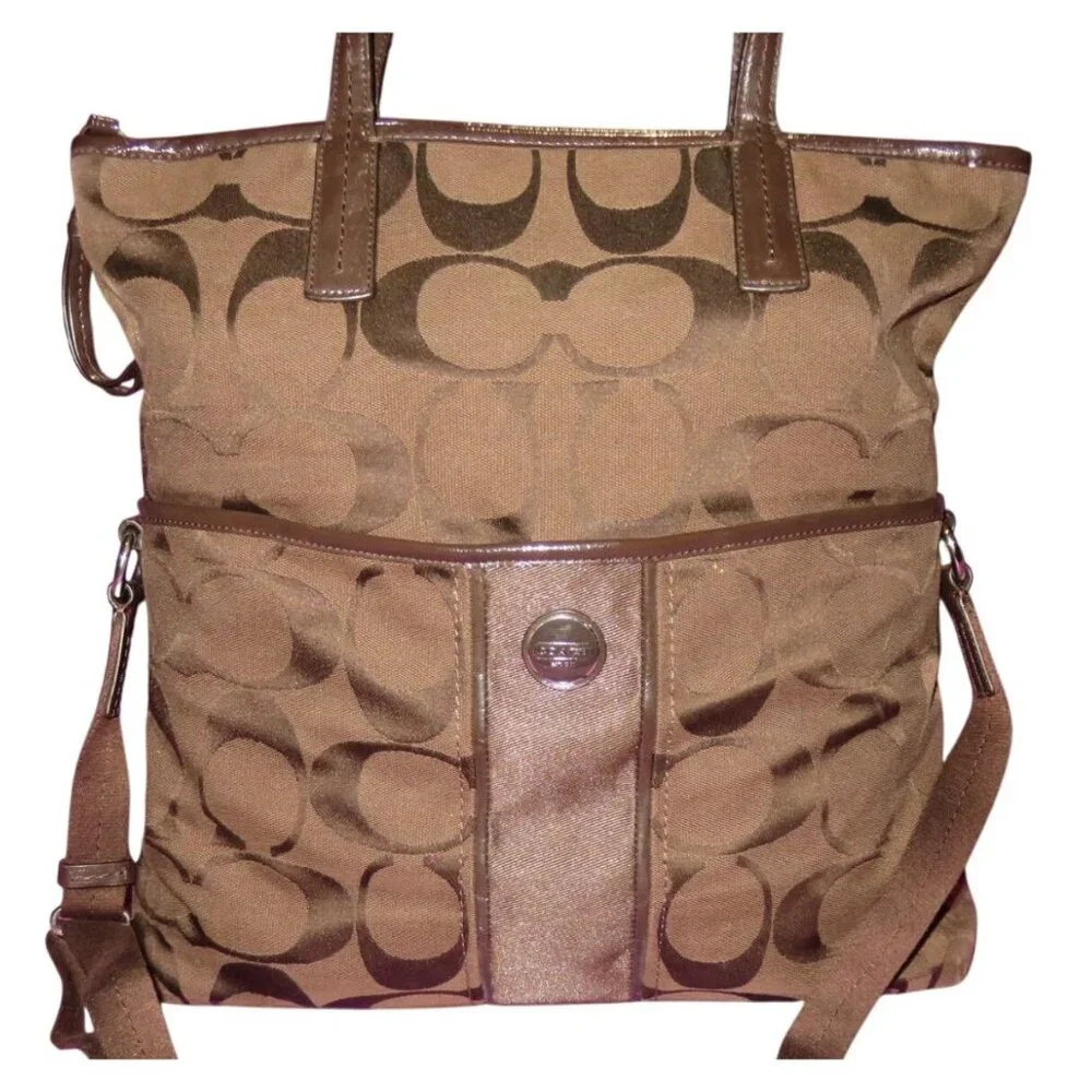 Coach 2013 Signature C Brown Canvas & Leather Trim Fold over Tote and Crossbody